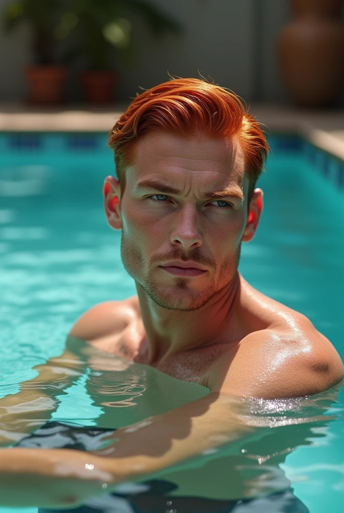 Realistic detailed photo of a redhead man with wet skin in the pool
