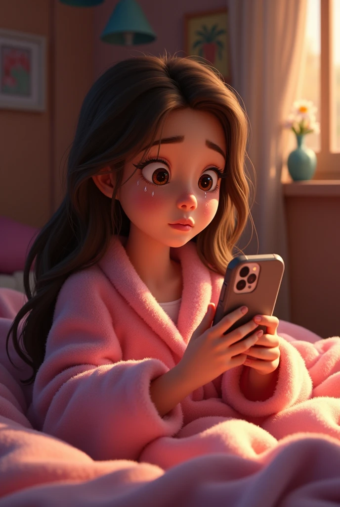 Pixar image of a girl with long wavy brown hair and dark brown eyes in her room with her pink robe recording herself with her cell phone crying 