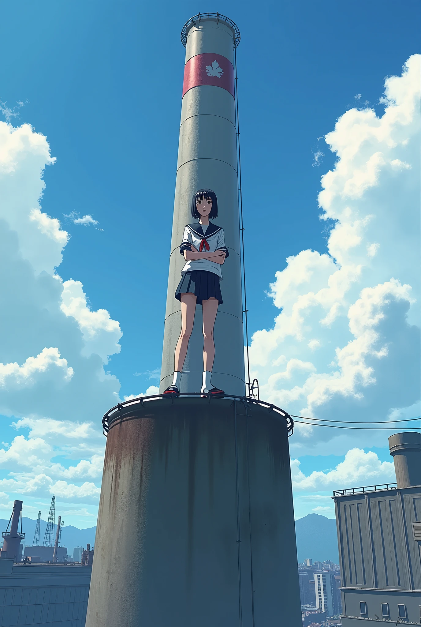 A high school girl standing with her arms folded on top of a tall chimney、Black Hair、Bobcut、Japanese、Dynamic composition、Real。