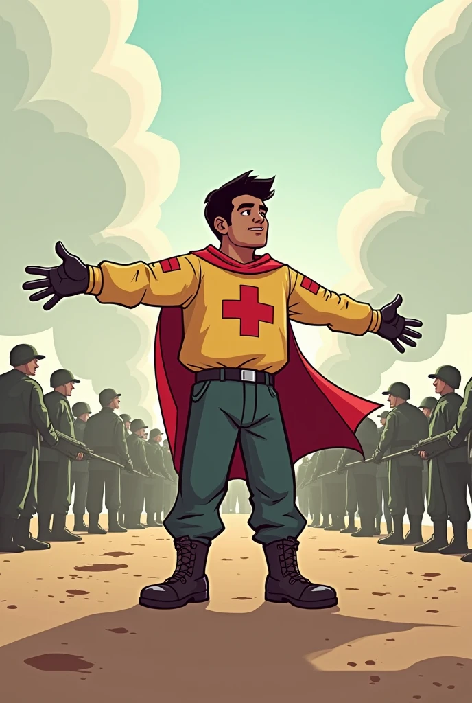 Cartoon of a person dressed in the Red Cross and with the symbol on his arm extended forward, protecting a group of people behind him. The person could be standing on neutral ground between two opposing armies., but without showing direct violence, highlighting more the gesture of protection and the human figure.