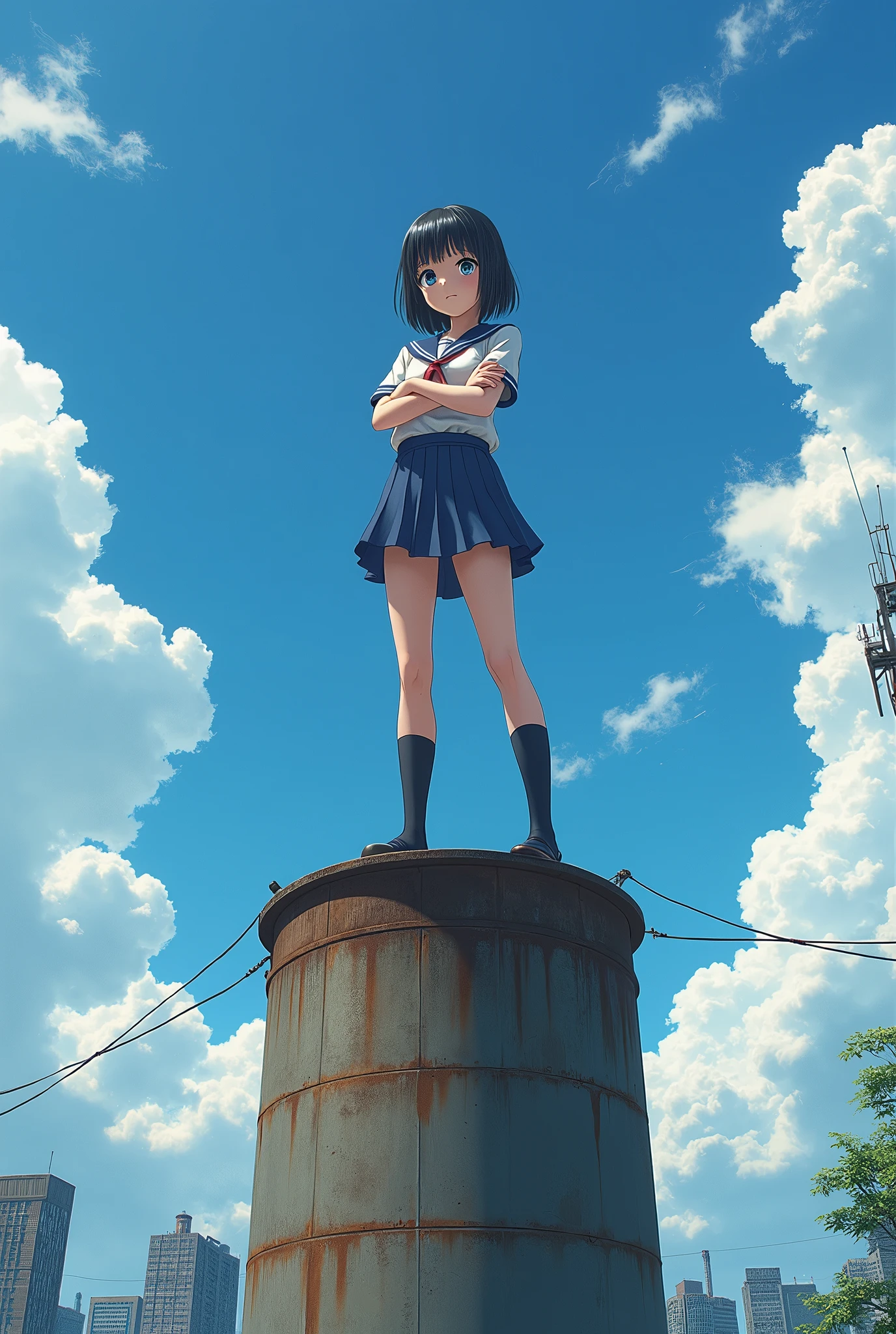 A high school girl standing with her arms folded on top of a tall chimney、Black Hair、Bobcut、Japanese、Dynamic composition、Real。