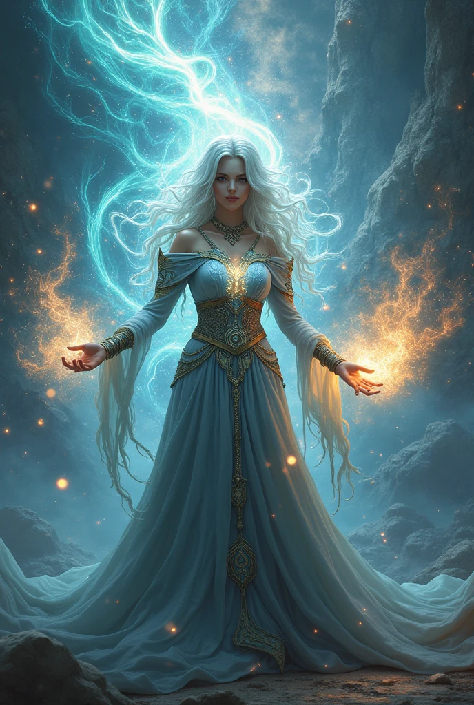 Elara performing a complex spell, merging magical elements into a creation never seen before.