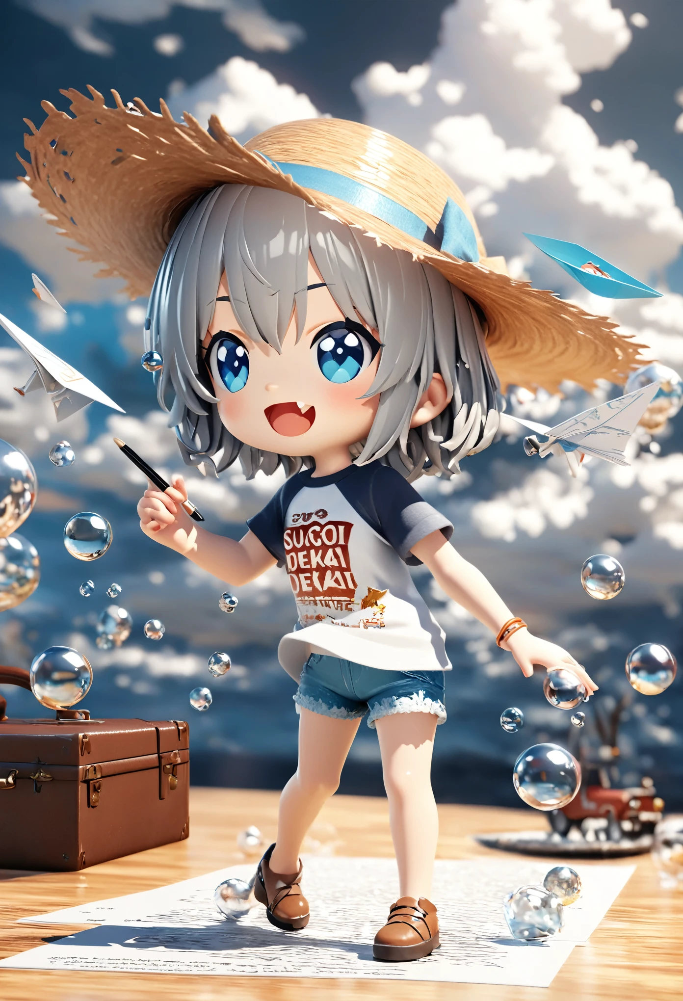 There is a suitcase with a straw hat on top, clouds, atmosphere, leaves, chrysanthemums floating in the air, paper airplanes, (miniature: 1.2), 2.5d illustration, 3d rendering, 3d modeling, bubble matt, trend in behans 3d art, trend in behans 3d art, 3d illustration, 3d illustration, 3d illustration, commercial illustration, cinema 4d color rendering, 3d rendering stylization, stylized digital illustration, 3d stylized scene, stylized 3d rendering, uzaki hana, shirt, raglan sleeves, romaji text, clothes writing, long sleeves, denim shorts, pantyhose, fang, T-shirt,writting,T-shirt that says "Sugoi Dekai"