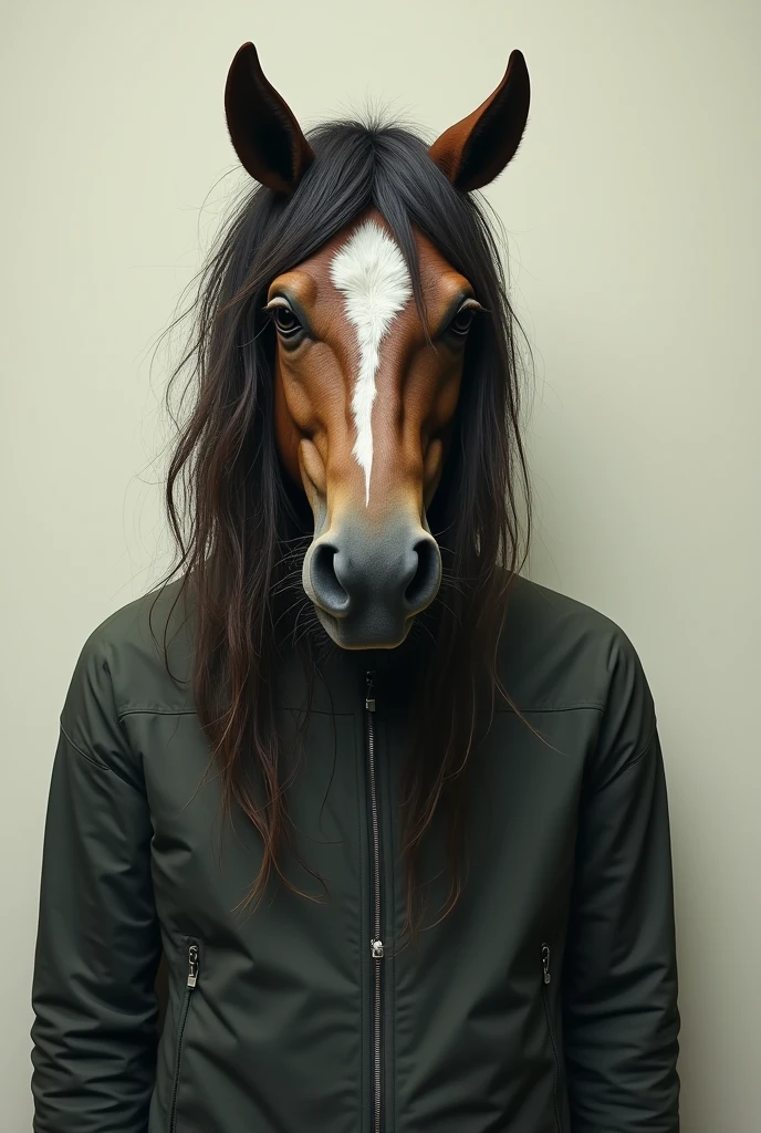 Man with long hair with ugly horse head