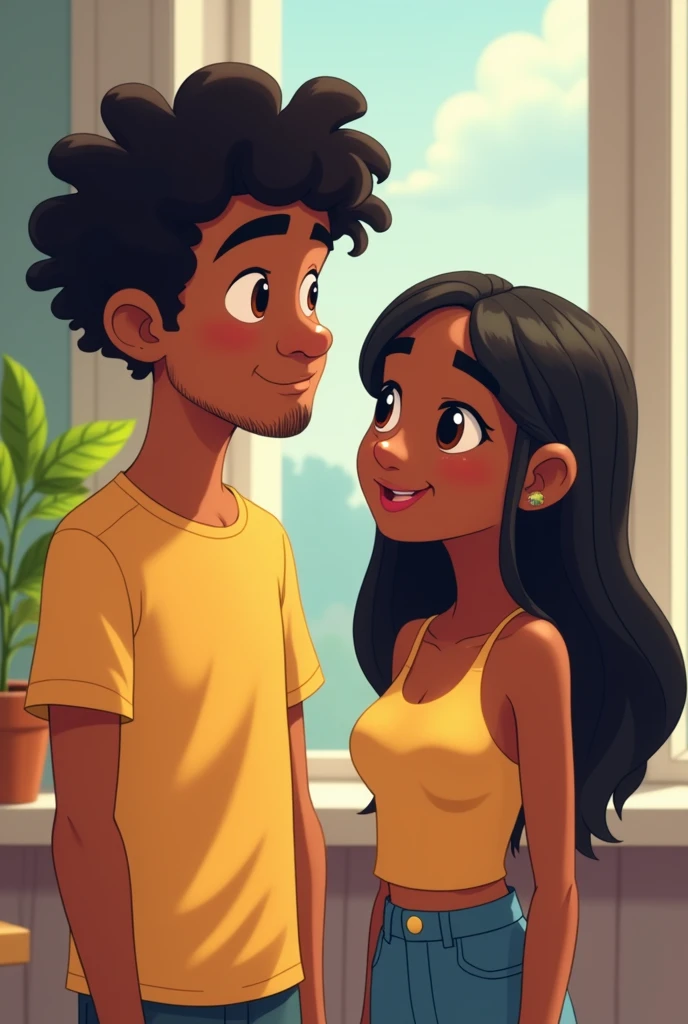 Two young people around , a man and a woman, the man being taller and with very curly hair, both dressed in clothes, and the woman with straight hair. that the whitest male is Latino and the woman is dark-skinned, that the man is without a beard, animated type