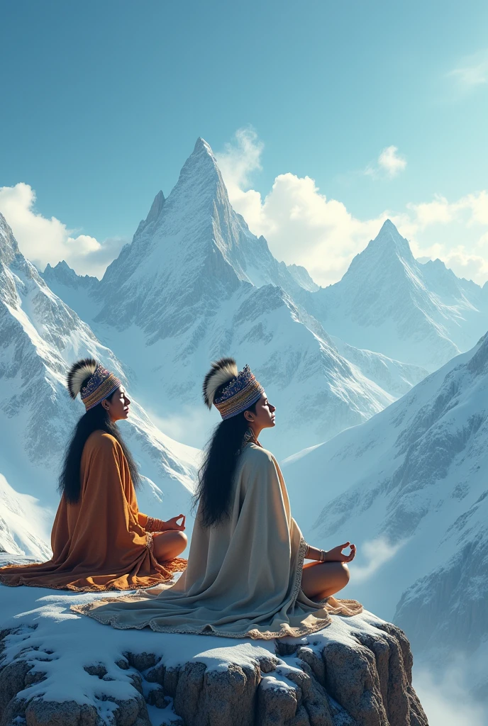 Show pictures of Indian shamans meditating, using breathing techniques on a mountain, Ultra Realistic and Detailed Image