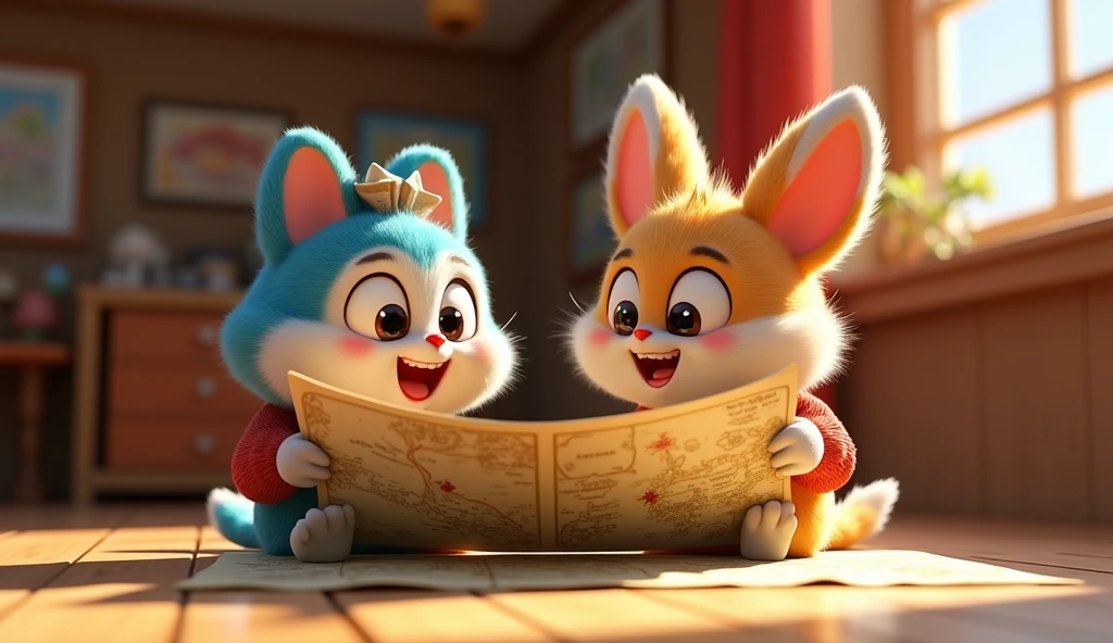 A Image: Minku and Potu discussing their travel plans with a map and looking excited.
Cinematic cartoon 3d style