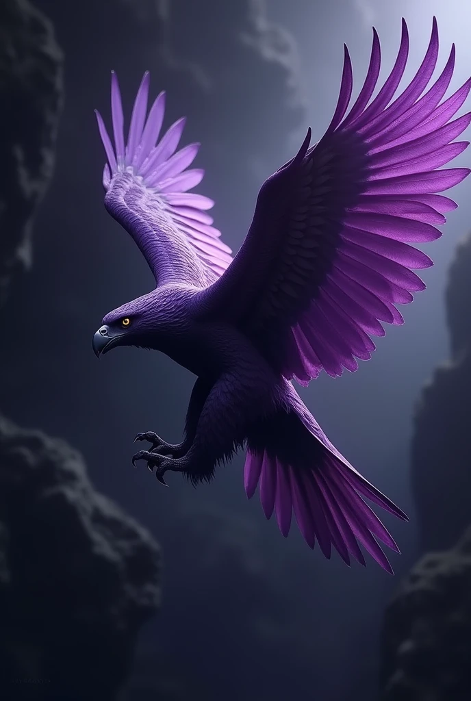 Purple eagle flying in profile on dark background 