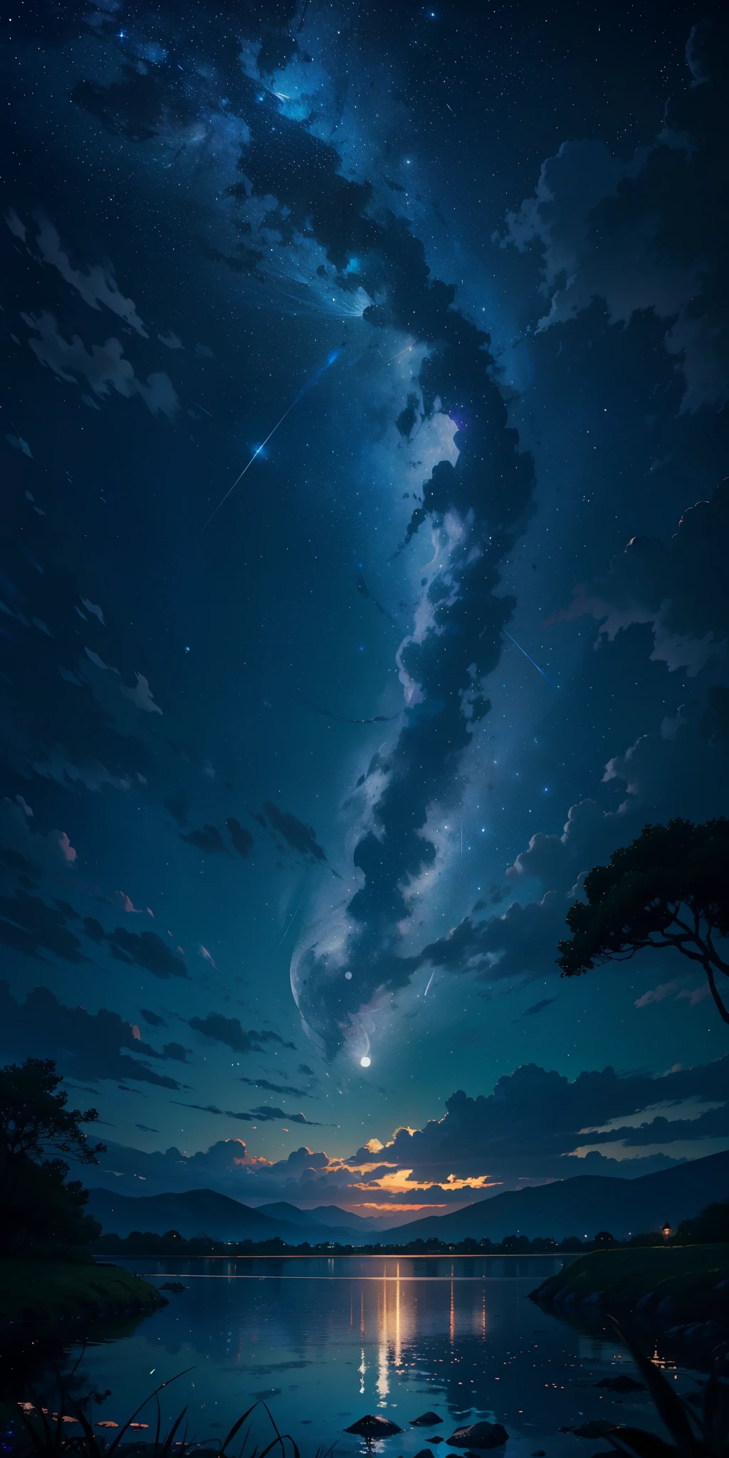 master part, gorgeous, Landscape, (((DDIM_HumaDDIMs))), Noite, flor, Jardim, Starry sky, constellations,((Full Moon)) , atordoante, vista, water, quente, aconchegante, peaceful, Meteoro, cosmico, Magic, magia, particuls, Justo, ((Pirilampos))