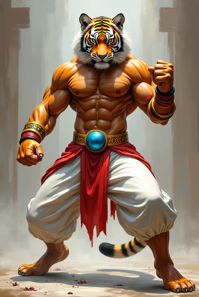 A south china tiger. Shirtless while wearing white pants with a red waist cloak draped around his waist and secured by a yellow belt with a blue gem-center. Doing a kick boxing pose.