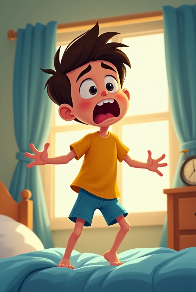 animated style, Generate a boy in a yellow t-shirt and blue shorts getting up quickly and scared from bed
