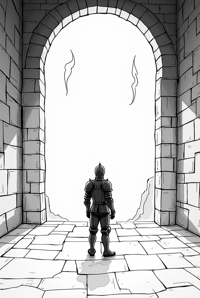 Please, Create a black and white drawing, Simple and easy to color, based on the chapter 'The Castle of Will and Daring' from The Knight in Rusty Armor. The drawing should show the interior of a dark and challenging castle, with the knight in his rusty armor standing in the center of the room, Facing a large door or barrier that symbolizes their fears. To the sides, There may be shadows or abstract shapes that represent internal doubts and challenges.. The room should have simple details, like stone walls and torches that barely illuminate the environment, giving a feeling of tension and determination. Keep the lines thick and clear so it's easy to color.."