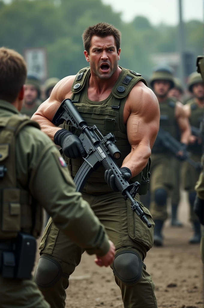 A 30 year man who wear milatary clothes have a big rifle, screaming on someone while runing realistic image face and body properly visible body facing front side while man looking left side