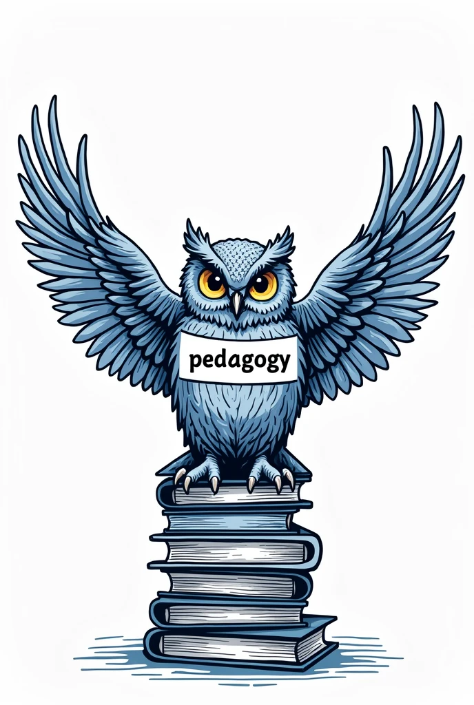 An owl with yellow eyes with its wings open and carrying the words PEDAGOGY on its back, This owl is drawn only with dark blue lines, almost rocky, making it look like only the lines of the owl were drawn, and the pedagogy is colored in a way that resembles pedagogy., the owl is on top of a pile of books 
