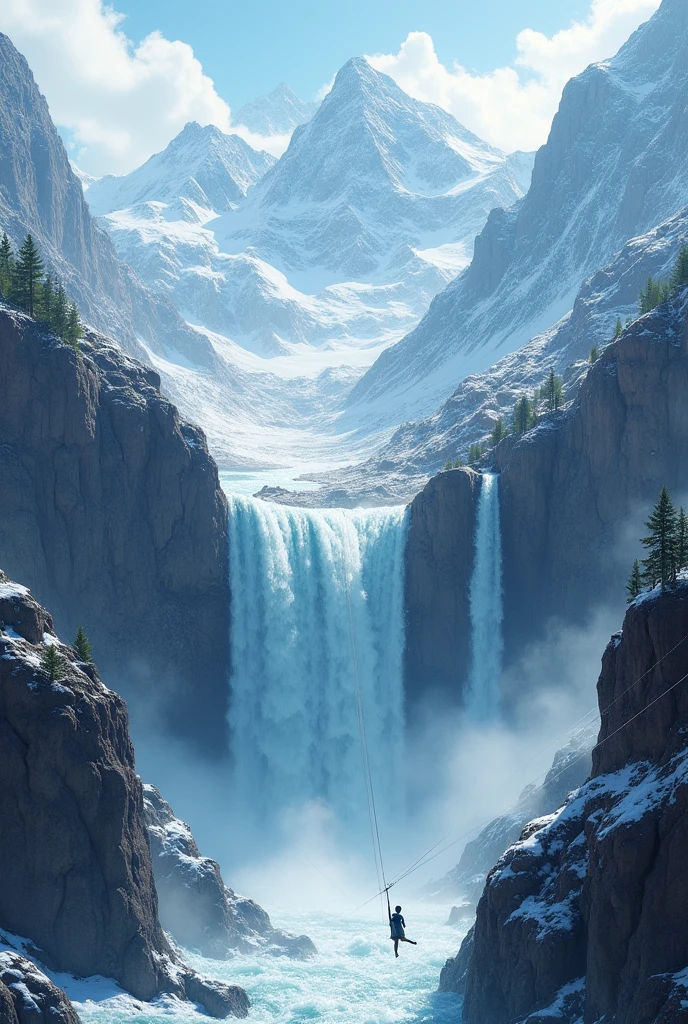 Snow mountains with a waterfall and a man crossing the waterfalls with a zip line in the middle of the waterfall