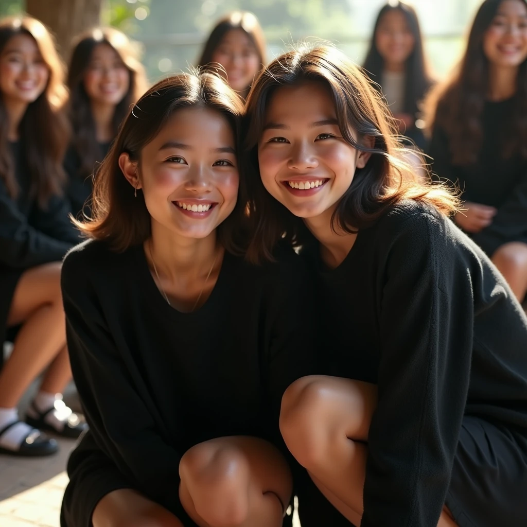 A group of female students wearing black skirts and black cropped sweaters are squatting and smiling (Photorealistic:1.4)、(hyper Realistic:1.4)、(Realistic:1.3)、(Smooth lighting:1.05)、(映画の照明Improvement of quality:0.9)、32K、Identical twin sisters、20-year-old girl、Realistic lighting、Backlight、 Light、Ray-tracing、(Bright light:1.2)、(Improvement of quality:1.4)、(Highest Quality Real Texture Skins:1.4)、Finely grained、Detailed painted face、Quality Eyes、(tired, Sleepy and satisfied:0.0)、