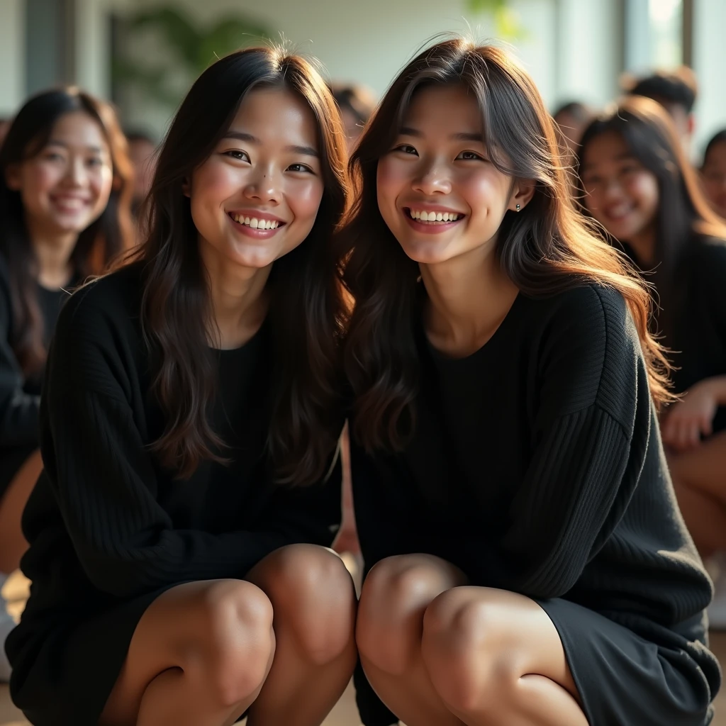 A group of female students wearing black skirts and black cropped sweaters are squatting and smiling  (Photorealistic:1.4)、(hyper Realistic:1.4)、(Realistic:1.3)、(Smooth lighting:1.05)、(映画の照明Improvement of quality:0.9)、32K、Identical twin sisters、20-year-old girl、Realistic lighting、Backlight、Facial Light、Ray-tracing、(Bright light:1.2)、(Improvement of quality:1.4)、(Highest Quality Real Texture Skins:1.4)、Finely grained、Detailed painted face、Quality Eyes、(tired, Sleepy and satisfied:0.0)、