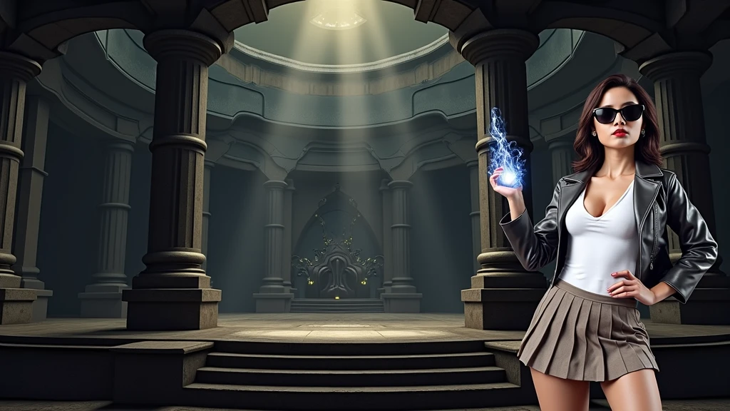 A young futuristic female sorcerer with a glowing floating small crystal stone, releasing mysterial spell and magical power, facing and defeating dark forces and beings. She stands with her right hand raised forward with a blue fire of light, at night, (1girl, solo, alone), photorealistic, large-breast slim:0.6 body, oval:0.5 face, cleavage:1.1, very low angle view of pleated miniskirt, deep-v, (upskirt), glove, (Matrix style black micro sunglasses), dynamic running pose, (half-body thigh level close-up shot), cinematic lighting, ray tracing, motion blur background.