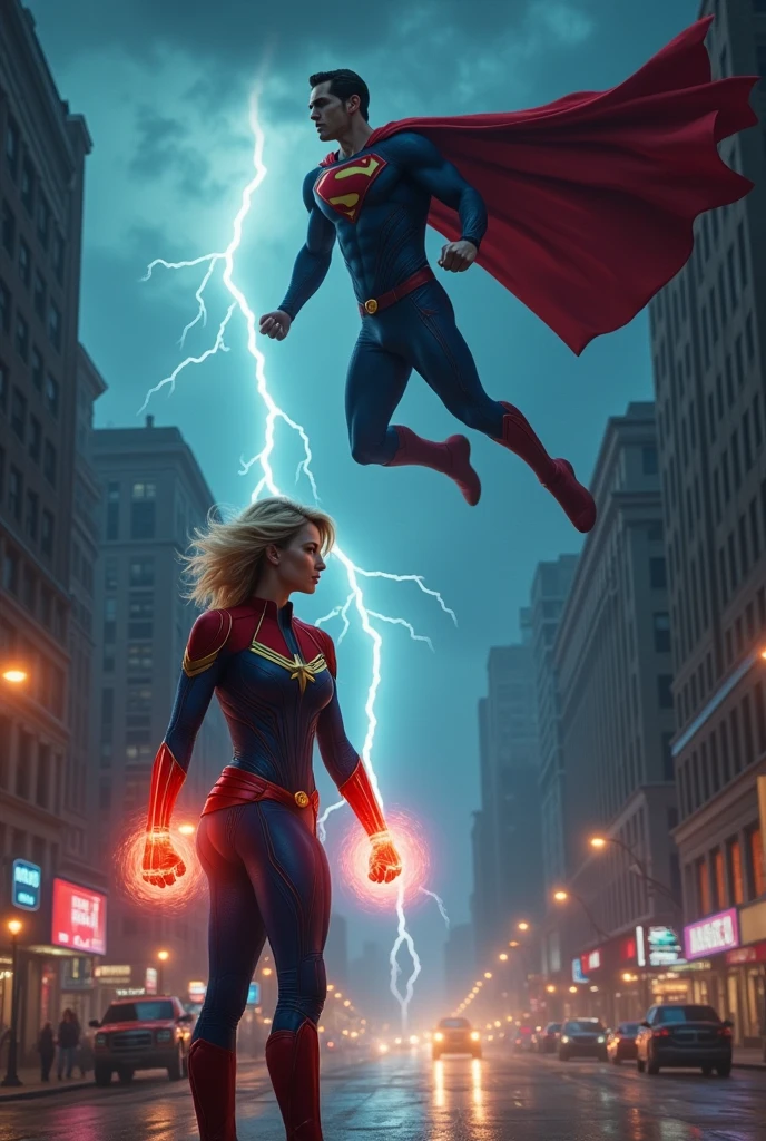  "A stormy night in Metropolis, with dark clouds and lightning in the sky. Superman, wearing his iconic red and blue suit, is flying through the city, his cape flowing in the wind. Below, Captain Marvel, in her red, blue, and gold suit, is confronting an intergalactic criminal with energy glowing in her fists. The two superheroes lock eyes, sensing each other's powerful presence. The city skyline is in the background, with neon lights reflecting off wet streets."