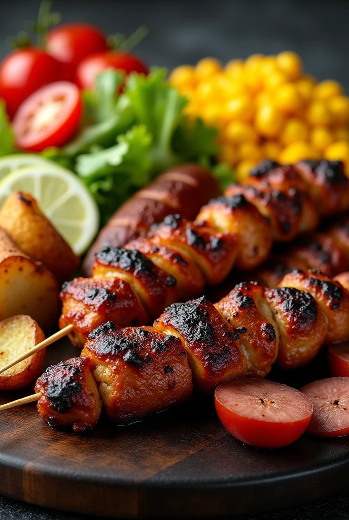 1 beef anticucho stick, 1 stick of chicken anticucho and smoked German sausage, salad, slices of corn, papas