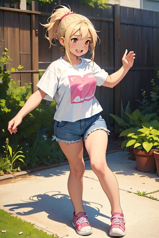 cute teenage girl, short stature,flat chest,Cute chubby girl, Chubby body type, blonde straight hair with fluff gathered in a ponytail、Brown eyes, In a white oversized T-shirt and short denim shorts., Pink sneakers,Having fun, playing in the backyard,