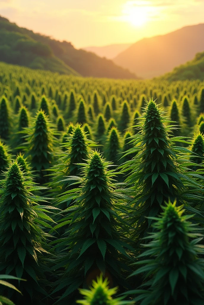 Giant green ????????? plantation with realistic lighting, sparkles and a sunset