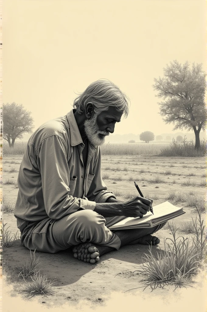 a indian farmer sitting without food in his own farming field drawing pencil sketch
