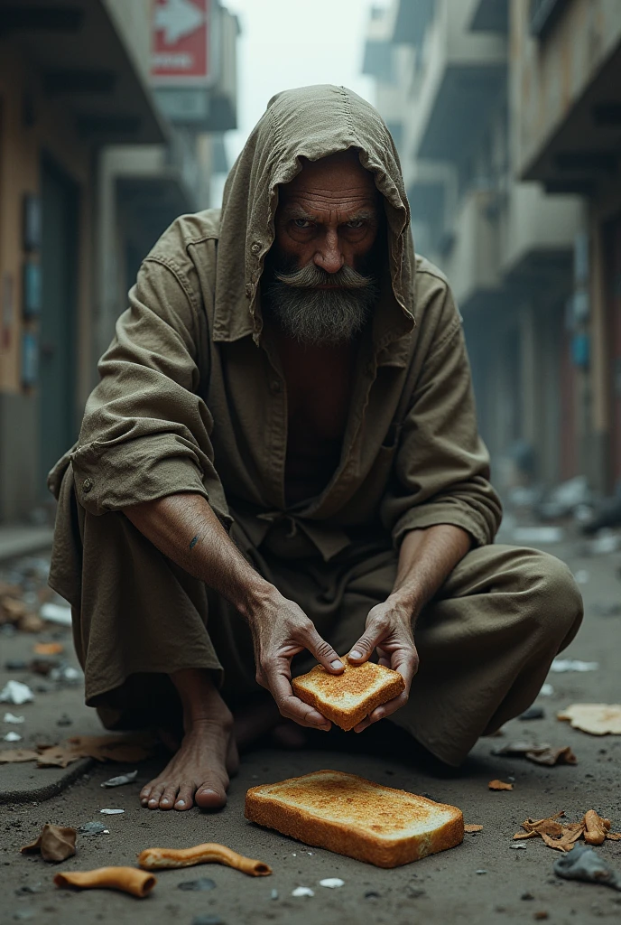 A beggar eating a piece of bread