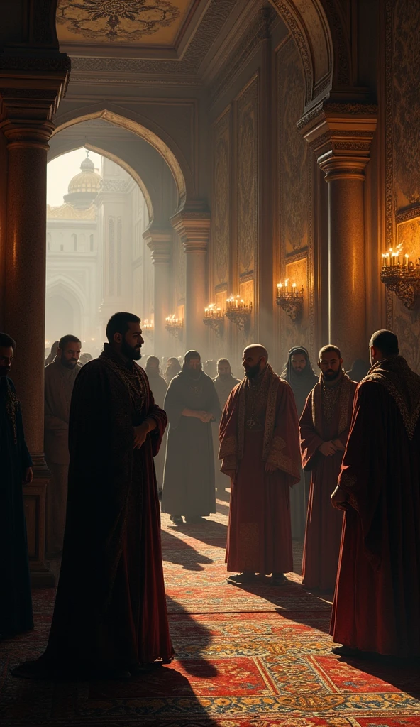 Palace Intrigue: A tense moment inside the Sultan’s palace, where courtiers whisper in the dimly lit corridors, aware of the ever-present danger of being overheard by the Sultan’s spies.