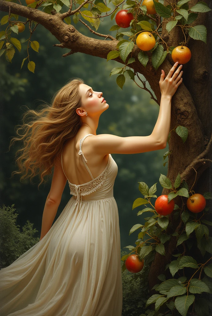 Biblical character Eve eating fruit from the forbidden tree