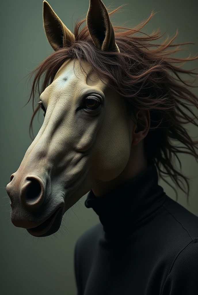 Man with messy big hair with ugly horse head