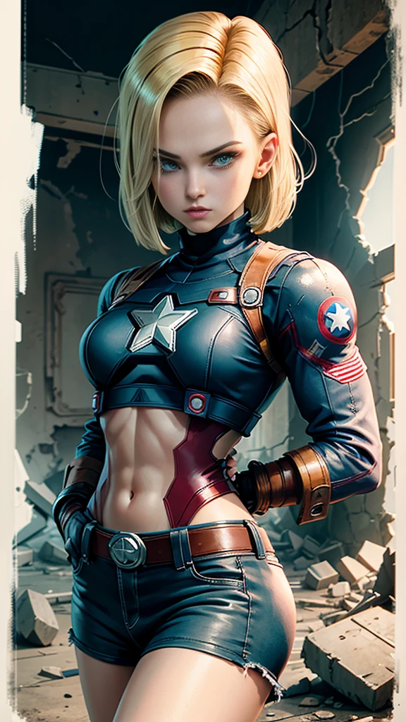 Android 18 Female version of Captain America background mechanical ruins, segurando o escudo do captain america