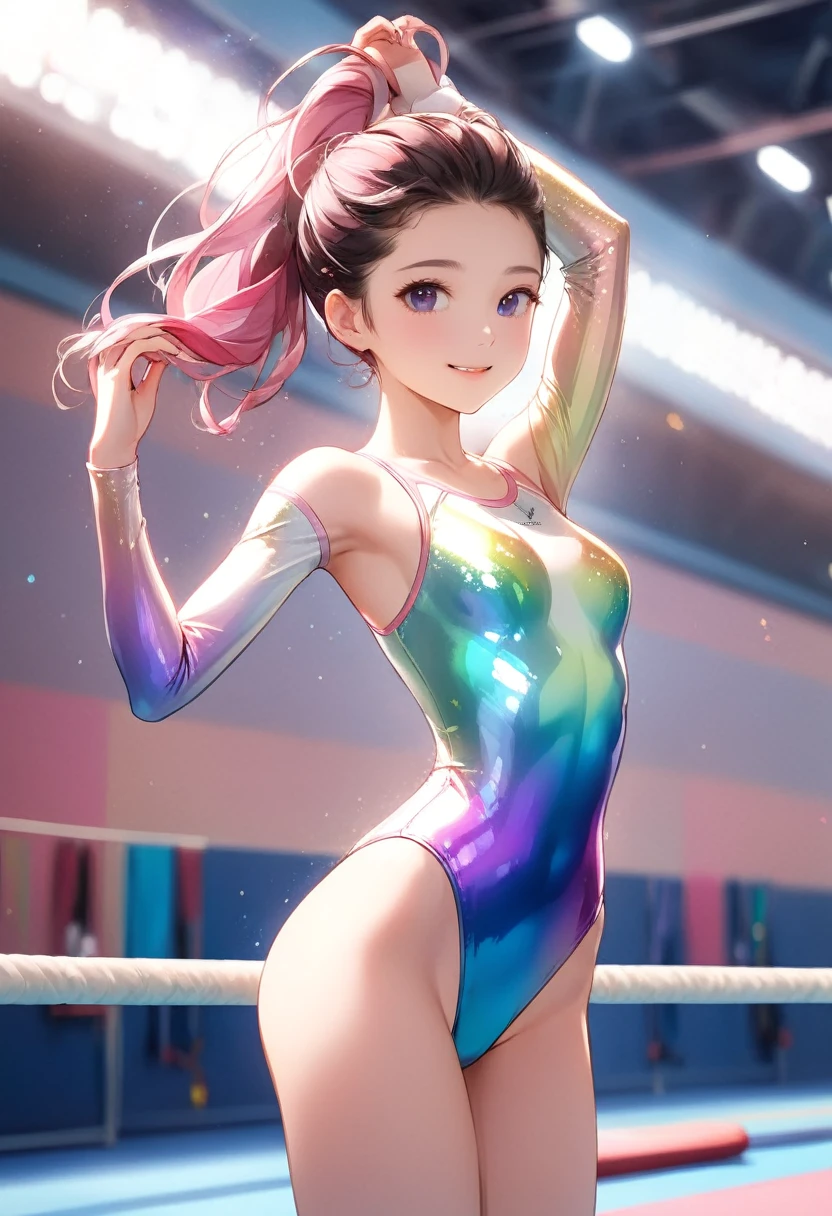 highquality illustration, masterpiece, very delicate and beautiful, attractive girl,(gymnastics leotard,long sleeve leotard with glittery decoration,high_leg leotard,athletic leotard,tight-fit leotard,iridescent gradient leotard,long-sleeve leotard),thin,slender body,slim,high school,gymnasium background,gymnastics club,gymnastics athlete,princess, beautiful eyes,light smile,(masterpiece, best quality:1.2), highres, extremely detailed CG unity 8k wallpaper, perfect lighting, Colourful, ultra-high res,4K,ultra-detailed, photography, 8K, HDR, s,cowboy shot,