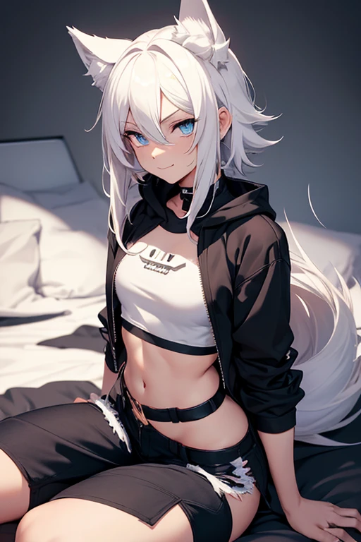 Single boy, Anime Femboy, short, long white hair, wolf ears, wolf tail, blue eyes, usando pantalones shorts de jean, thigh high socks, Black combat boots, wearing cropped black hoodie, flat chest, super flat chest, just femboy, ((flat chest)), Wide hips, thick thighs, smiling, wide thighs, sitting with back, looking back, giant butt,
