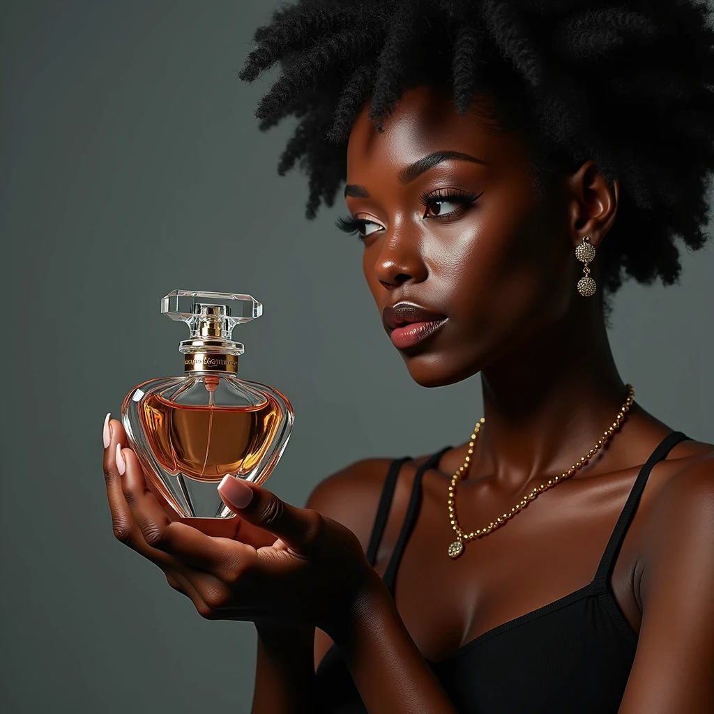beautiful ebony skinned woman, professional photography studio, elegant perfume bottle, concentrated passionate expression, holding camera firmly, carefully focusing on perfume bottle, soft diffused lighting, minimalist background, sophisticated crystal perfume bottle design, balanced reflections and shadows, high quality, 8k, photorealistic, professional photographer, studio lighting, physically-based rendering, vivid colors, jewelry, portrait, product photography
