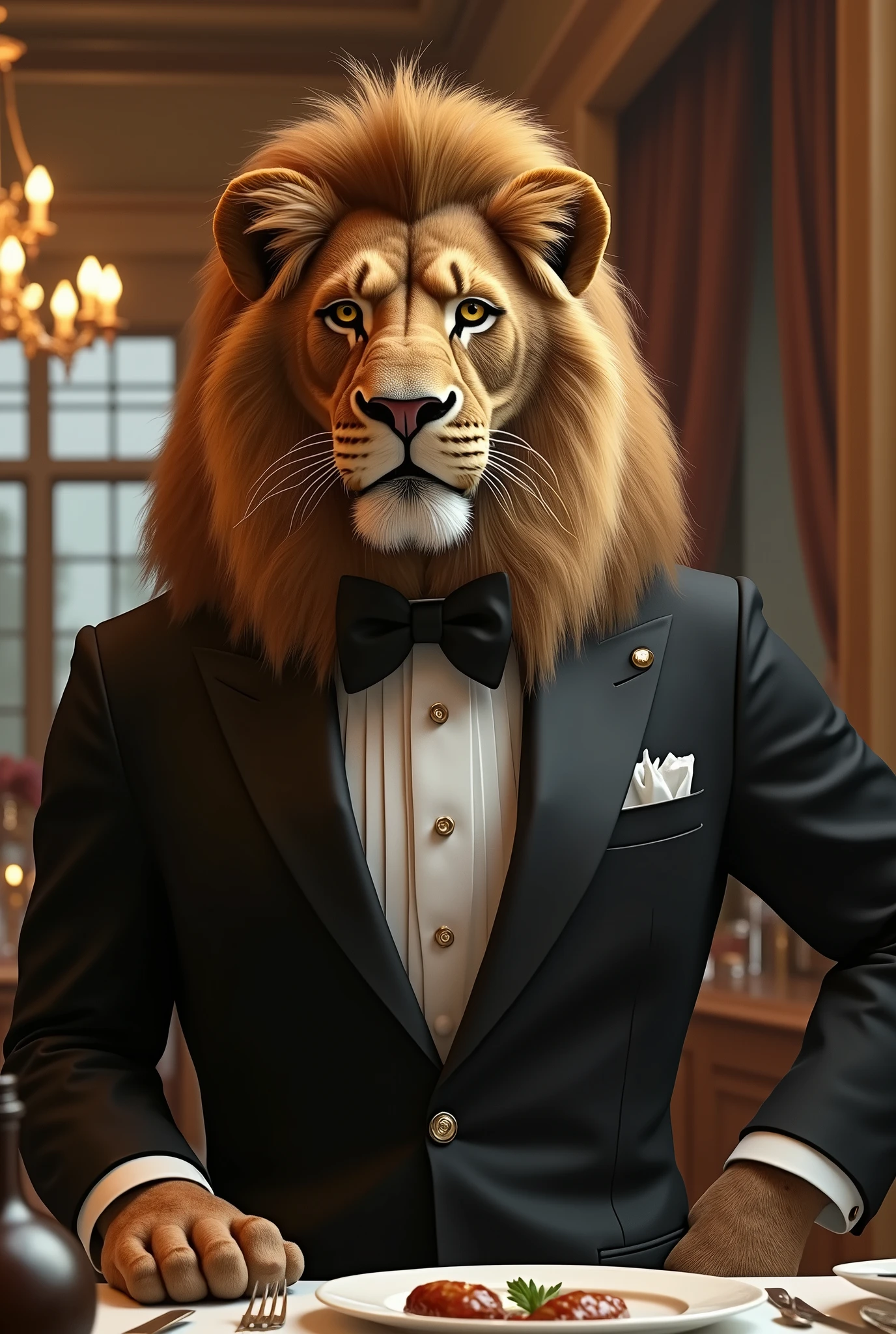 Lion thinking what he will eat today in a formal dress
