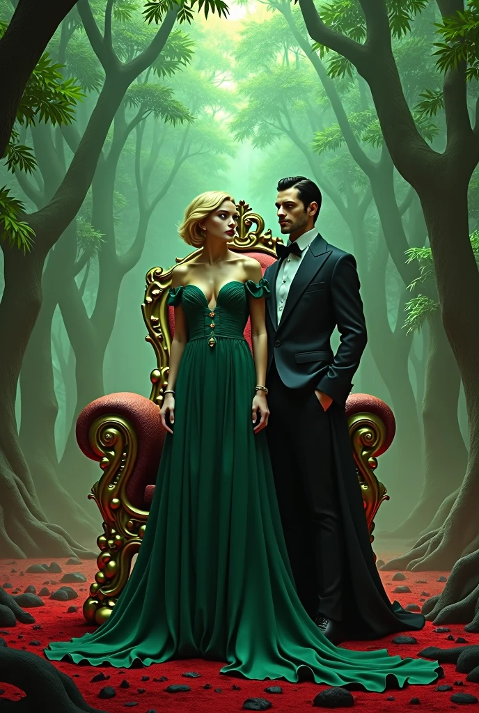 A witch queen in an emerald green dress with short blonde hair, red wastelands and a throne in the middle of a forest next to her is a handsome vampire in an elegant suit, very handsome