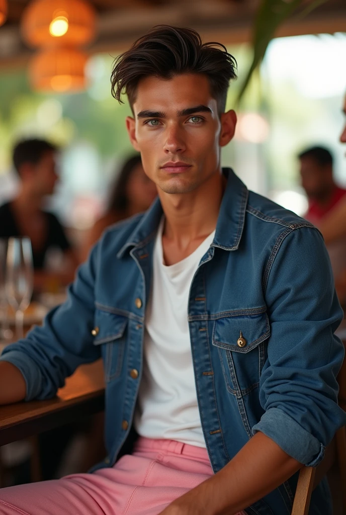 (photorealism:1.2), (8k) (detailed) (Whole body) Give me a man, facial features: square face with a pronounced jawline, prominent cheekbones and thick, dark eyebrows. Adds youth to your appearance. hair: hair oscuro, usually combed back or styled slightly tousled, which can vary between short and medium. eyes: eyes verdes oscuros, with a penetrating look that expresses confidence, with cross-shaped rings on each side. Complexion: slim and well defined. height 1,80, which gives it an imposing presence. style: Your style of dress: White shirt, short rosa. Skin tone: Skin tone bronceado, typical of the Mediterranean. Expression: He usually has a serious or concentrated expression., Although he can display a charming and confident smile. (sitting in a restaurant in a blue jacket, white polo and blue ripped jeans with friends) (High resolution), (4k).