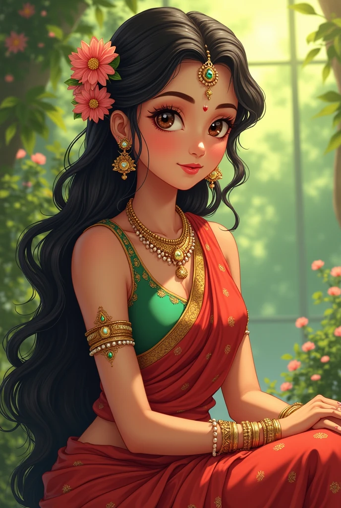 Radha Rani, who is sitting in the garden, has long, flowing hair. Radha Rani, the beloved consort of Lord Krishna, is often depicted as a beautiful and enchanting maiden with a captivating appearance. Here's a description of her beauty and dressing sense:

*Physical Appearance:*
Radha Rani is typically depicted as a youthful and radiant maiden with a slender yet curvaceous figure. Her skin is often shown as a soft, golden complexion, symbolizing her divine nature. Her eyes are large and expressive, with a deep, loving gaze that conveys her devotion to Krishna. Her hair is long, dark, and luscious, often adorned with flowers and ornaments.

*Dressing Sense:*
Radha Rani's dressing sense is a perfect blend of elegance, simplicity, and charm. She is often depicted wearing a traditional Indian attire, consisting of:

- A flowing, crimson-red or green saree (ghagra) with intricate embroidery and patterns, symbolizing her love and devotion to Krishna.
- A matching blouse (choli) with short sleeves, adorned with precious stones and pearls.
- A delicate, beaded necklace (mala) with a small, golden pendant, often featuring a picture of Krishna.
- Armlets (bajuband) and anklets (payal) made of gold and precious stones, adding to her elegance.
- Her hair is often adorned with flowers, particularly jasmine and roses, and a few loose strands framing her face.

*Ornaments and Accessories:*
Radha Rani's ornaments and accessories are simple yet elegant, reflecting her rustic and natural beauty. She often wears:

- A small, golden nose ring (nath)
- Ear studs (kundal) made of gold and precious stones
- A delicate, beaded belt (kamarband) around her waist

Create a beautiful anime of that 