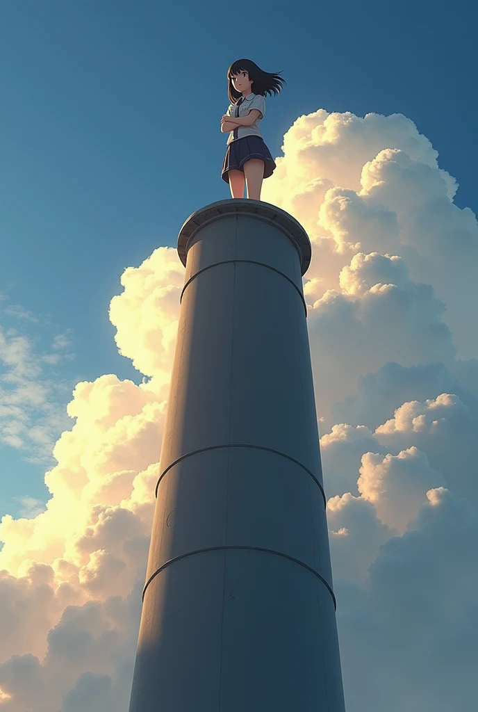 A high school girl standing with her arms folded on top of a tall chimney、Black Hair、Bobcut、Japanese、Dynamic composition、Real、Backlight、cumulonimbus、とてもReal。