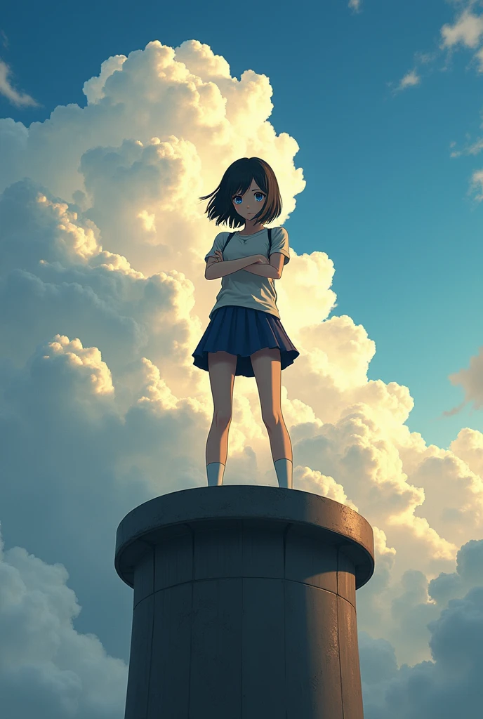 A high school girl standing with her arms folded on top of a tall chimney、Black Hair、Bobcut、Japanese、Dynamic composition、Real、Backlight、cumulonimbus、とてもReal。