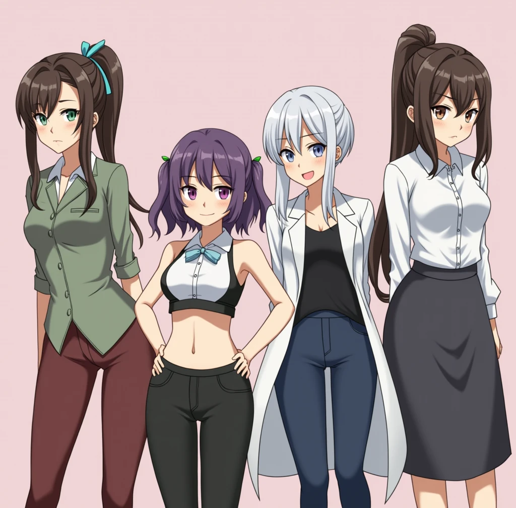 Four cute sexy adult teachers one with long brown hair with a braid another with short dark brown hair another with short white hair with a serious expression And finally a girl with long purple hair with two pigtails completely in underwear with nothing else