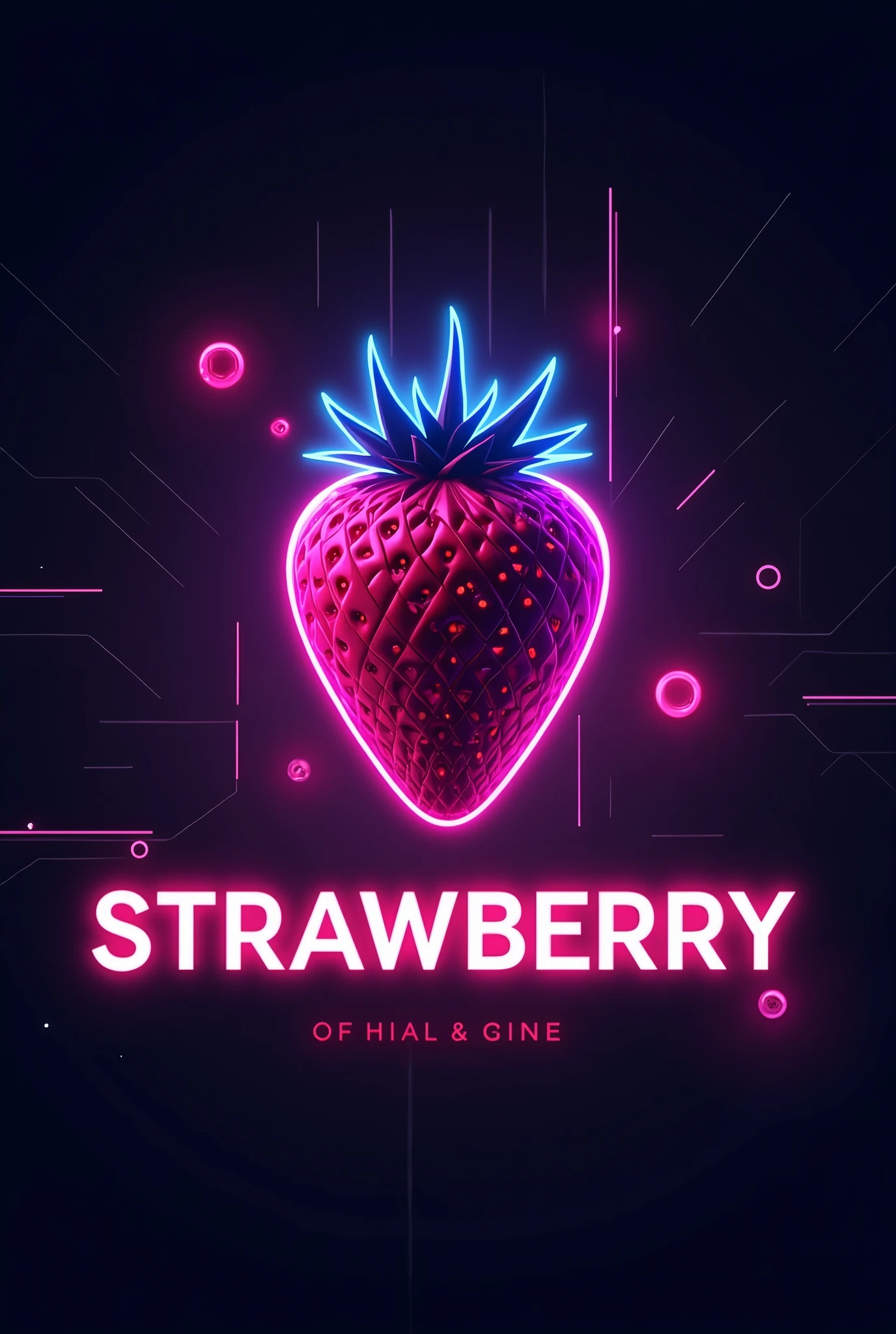 Develop a catchy logo for your electronic music party "strawberry", where the central image will be a stylized strawberry with a futuristic and neon touch. The strawberry must be drawn with precise geometric lines, displaying an electric glow in vibrant pink hues, intense purple and cyber blue, that reflect the energy and intensity of the party. Strawberry seeds can be represented by small glowing icons, similar to LEDs, giving the impression that the strawberry is pulsating to the rhythm of the music.
The typography of the name "strawberry" must be modern and bold, with clean lines and sharp angles, as if the letters were made of light. Consider using a gradient or reflection effect on the letters to give the impression of movement and depth., as if they were emerging from a digital landscape. The color palette should be predominantly composed of the aforementioned neon tones., but you can also include touches of black or dark gray to create contrast and further highlight the brightness of the main colors..
The overall design should evoke a night party atmosphere, with a sensual and technological touch, perfectly capturing the vibrant, electronic essence of "strawberry".