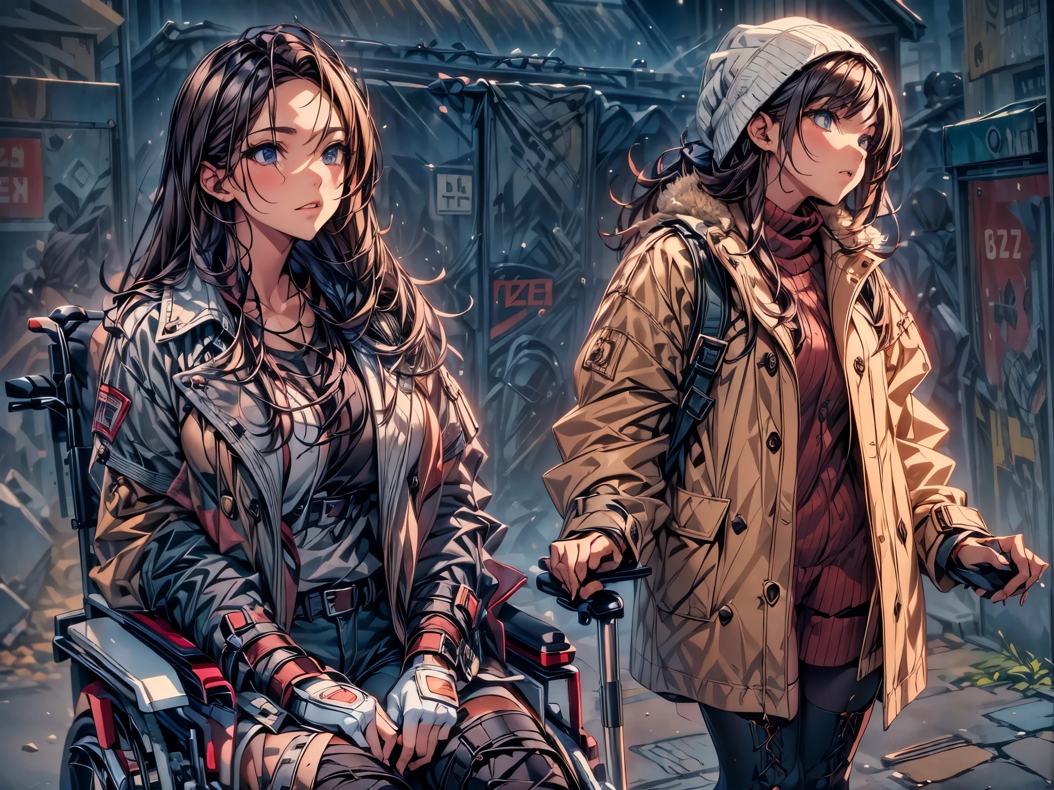 (Very detailed, Realistic), Cityscape, [moderately:Oil], [Professional:1.1], [Physically Based Rendering], [Bright colors], [Sharp focus], [Studio Lighting], [Extreme Detail], [Highest quality,4K,8K,High resolution,masterpiece:1.2],(Detailed face),((inside the street)),,((2 girls)),((a girl pushing a wheelchair with a girl in it)),(winter clothes ladies fashion,trench coat,tights),((lace-up-long-boots)),(gloves,Knee pads),((she’s putting hands in your crouch)).