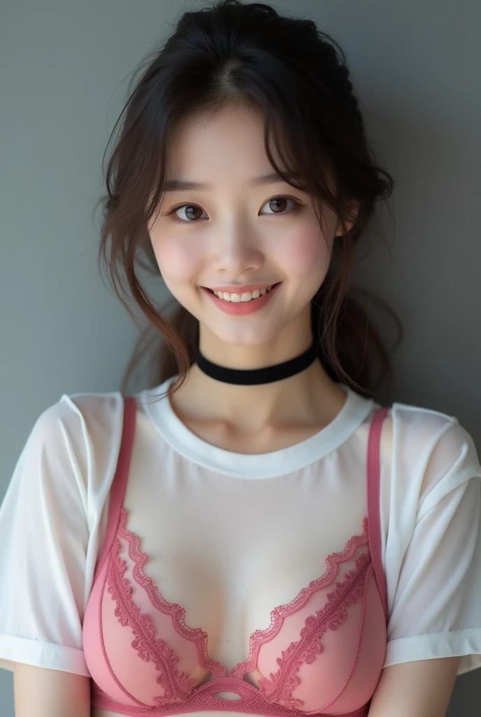 Very cute Japanese girl, smile, White semi-transparent T-shirt, Her body is visible through her T-shirt, You can see the shape of her breasts, (Details of Wacoal's latest sexy lingerie,Magenta)、Gray background、Studio shot、Black choker、cowboy shot、portrait、looking at viewer