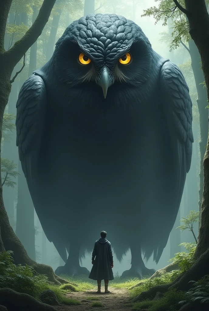 A  stands in front of a giant black owl with yellow eyes that is protecting a forest