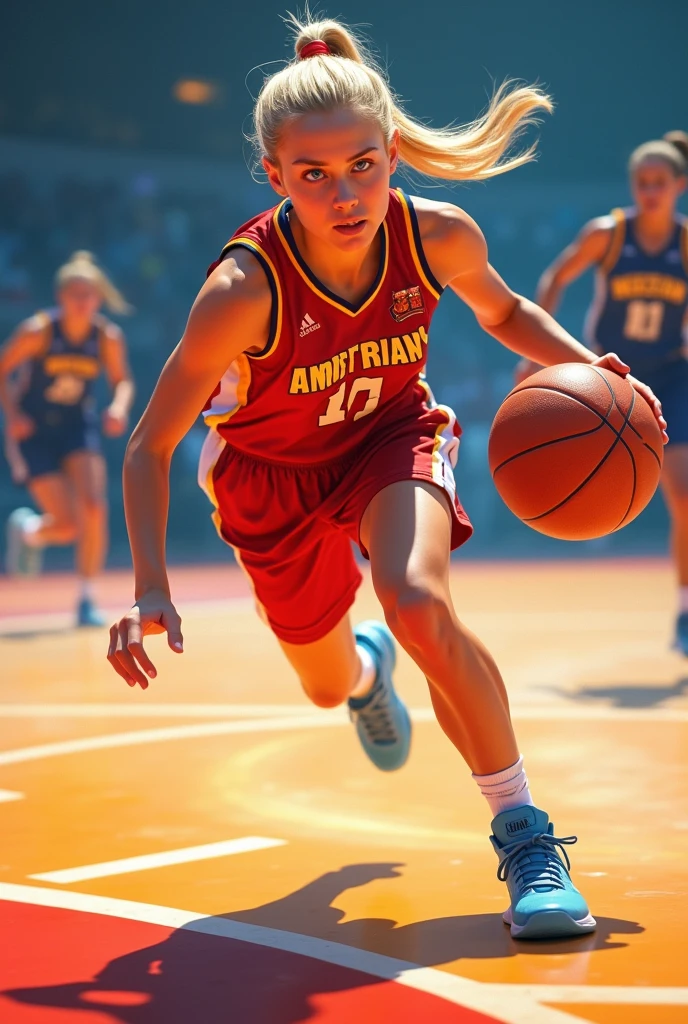 American、Blonde((ponytail))、Blue Eyes、White、basketball、During the game、Bright image quality、