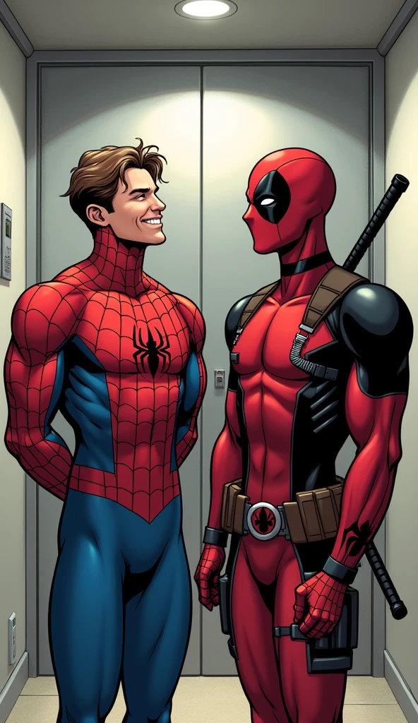 **Final Laugh**: Spider-Man and Deadpool finally exiting the elevator, both looking relieved and laughing. Deadpool is still playfully swinging a bit of web around, and Spider-Man is shaking his head with a smile.
