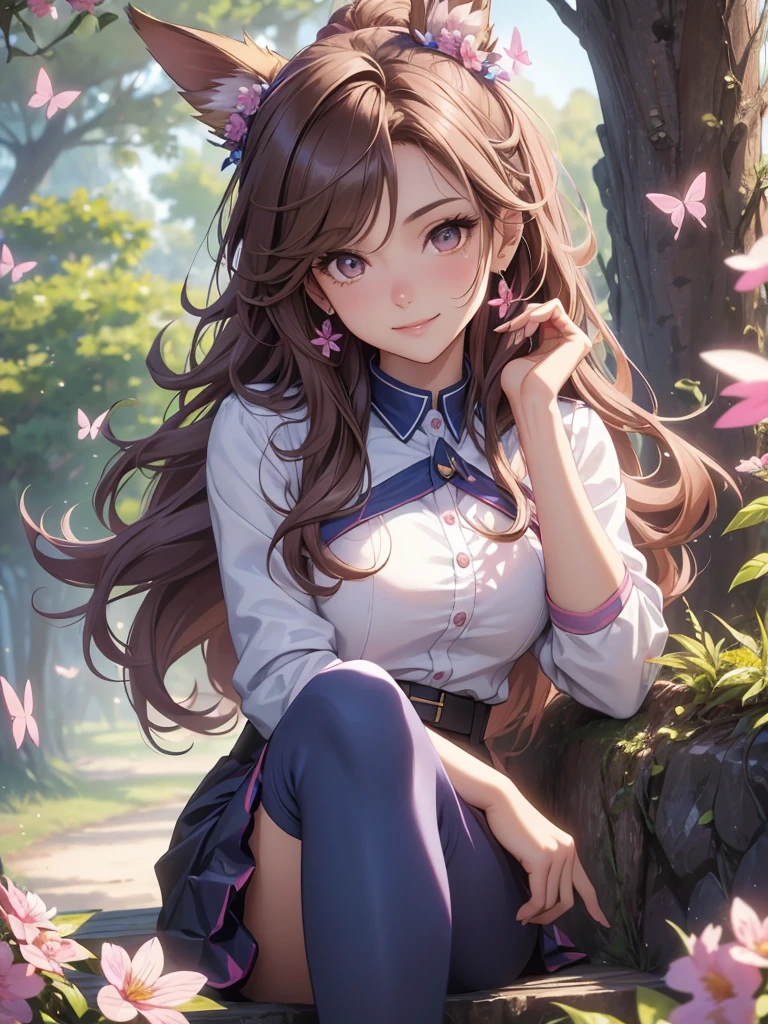 (best quality,4k,8k,highres,masterpiece:1.2),ultra-detailed,(realistic,photorealistic,photo-realistic:1.37),acrylic painting,beautiful Brazilian model in a uniform outfit with downy hair,beautiful Brazilian model with extremely colorful brown hair and detailed facial features,beautiful Brazilian model standing in a beautiful garden sakura flowers, long hair,cat ears, hair bows, uniform blue and pink outfits, smile, happy face,light brown hair,butterflies, brown eyes, mature woman, older woman, 30 year old, adult woman. Older lady, legs crossed,Solo