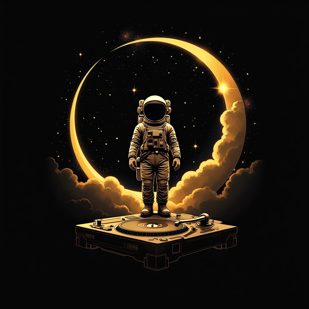 Create a logo with space in the background and an astronaut floating with DJ turntables and playing the piano alone in gold color with a recording studio composing a song in drawing